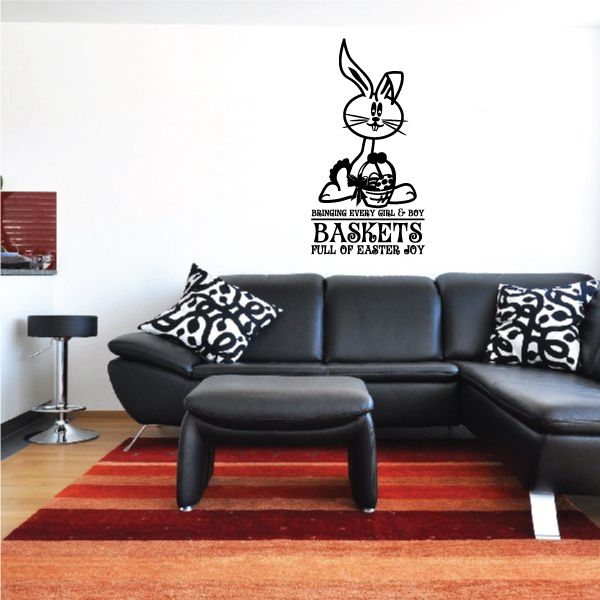 Easter bunny with basket quote wall decal, black lines, reads 'BASKETS FULL OF EASTER JOY'.