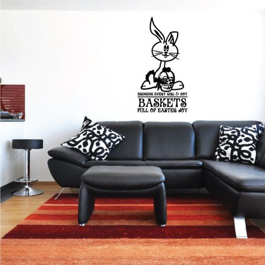 Easter bunny with basket quote wall decal, black lines, reads 'BASKETS FULL OF EASTER JOY'.