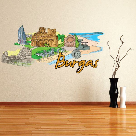 Decorative wall sticker with Burgas text and city landmarks