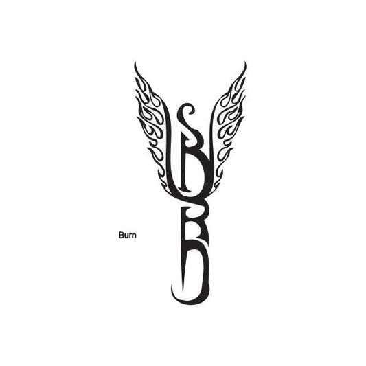 Black graffiti-style decal with flame wings and 'Burn' text