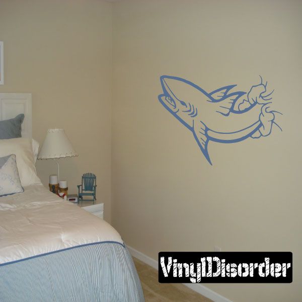 Blue cartoon shark attack wall decal with distressed lettering