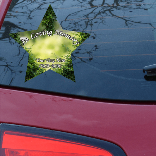 Green foliage star memorial sticker with 'In Loving Memory' and 'Your Text Here'