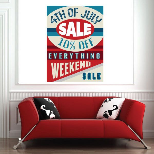 Rectangular July 4 sale sticker with red blue stripes and 10% off everything weekend