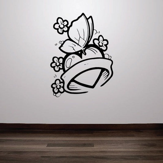Angel wings vinyl decal with heart ribbon and small flower outlines