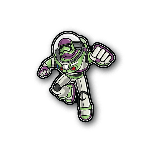 Astronaut character vinyl sticker, green suit with purple accents and pointing hand