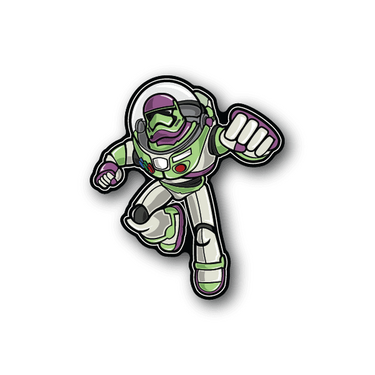 Astronaut character vinyl sticker, green suit with purple accents and pointing hand