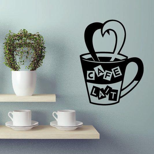 Cafe Lait decal of a coffee cup with heart-shaped steam in black