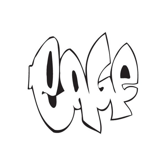 Graffiti-style decal with black outlines and dark letter shapes on white