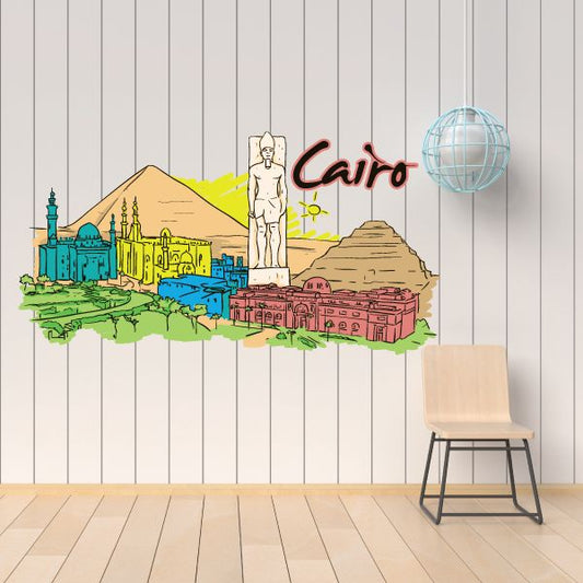 Cairo Egypt wall sticker decal with skyline, pyramids, statue and planet globe