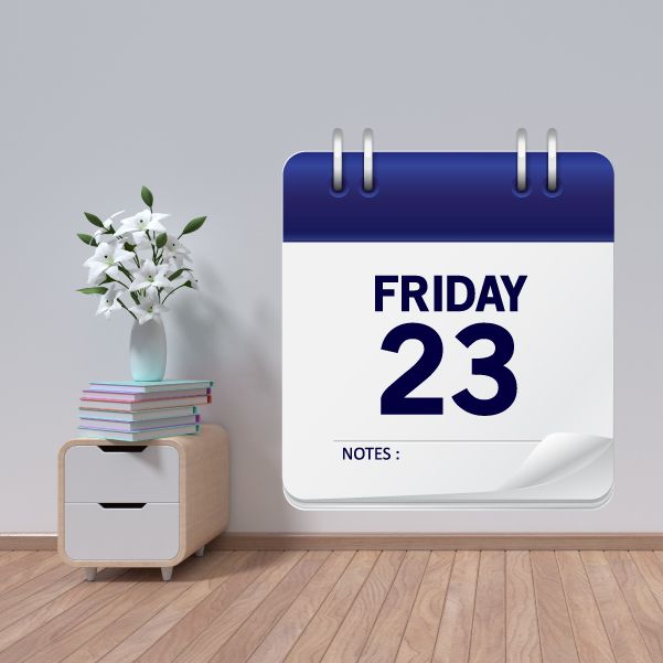 Calendar day wall decal with blue header, FRIDAY and large number 23, plus NOTES label