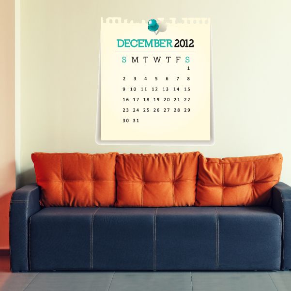 December 2012 calendar vinyl wall decal with teal header and month grid