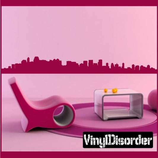 Canada skyline decal in dark maroon on a light background, city silhouette wall sticker