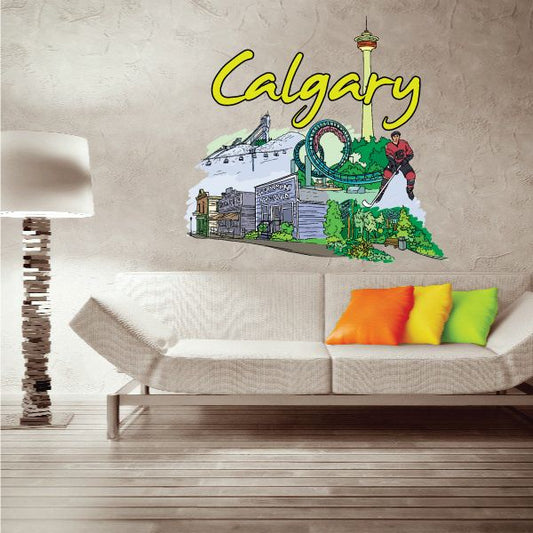 Calgary wall sticker with yellow script text and illustrated city scene