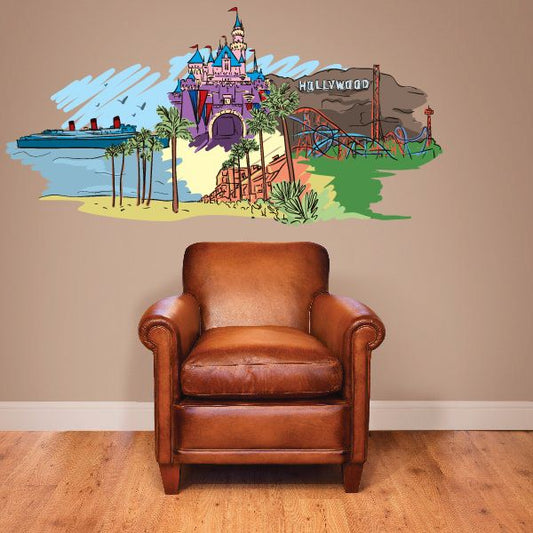 California sticker illustration with Hollywood sign, buildings, and palm trees