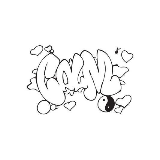 Graffiti decal with bubble letters, hearts, music notes, and small doodles
