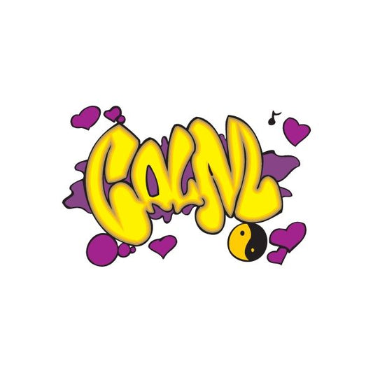 Graffiti sticker with yellow lettering, purple outline, hearts, and musical notes