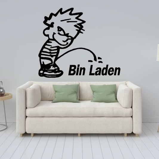 Cartoon decal of a boy with stream, with “Bin Laden” text
