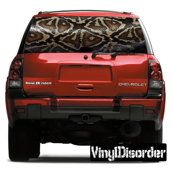 Camouflage rear window view graphic decal on a vehicle