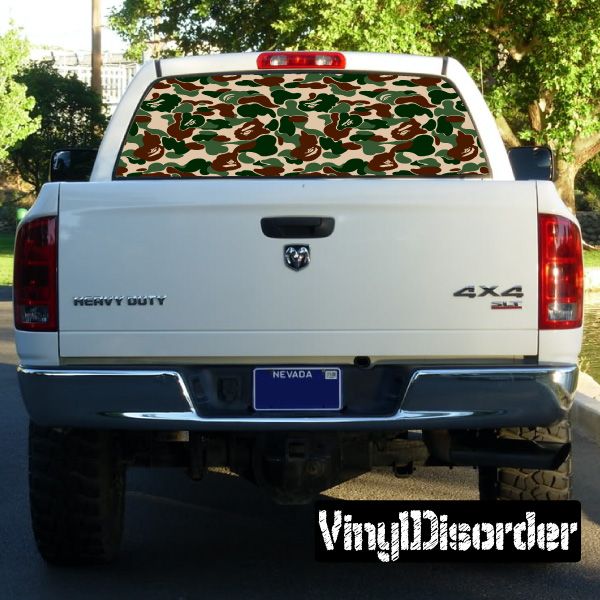 Camouflage rear window graphic decal with brown and green pattern