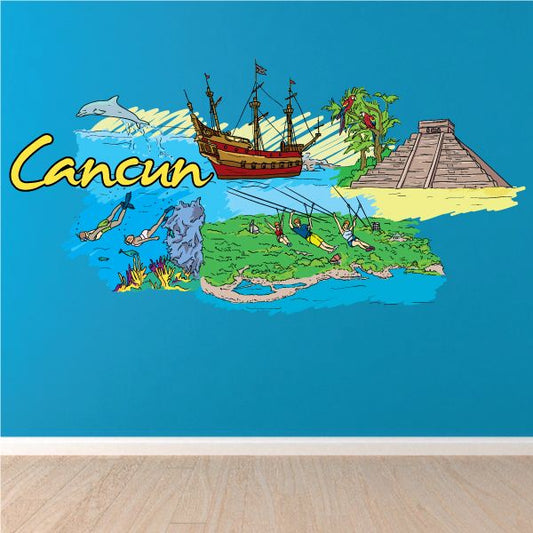 Cancun sticker with colorful beach scene, sailing ship, palm tree and text Cancun