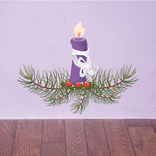 Purple candle sticker with white ribbon bow, pine branches, and red berries