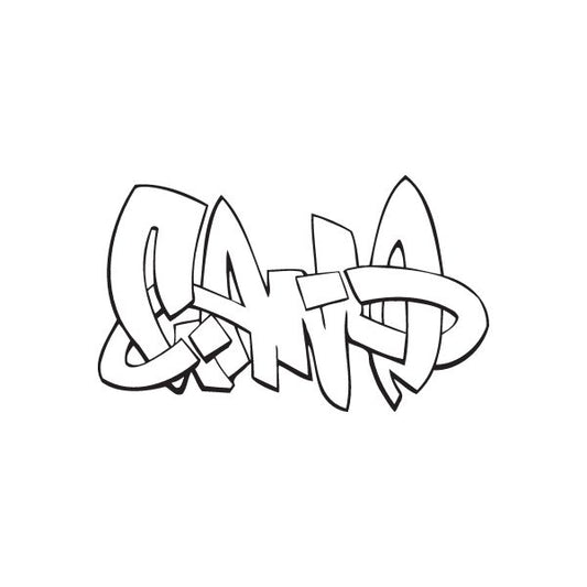 Graffiti letter decal with bold black outlines and layered stylized shapes