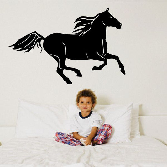 Cantering stallion decal, black horse silhouette with flowing mane and wings