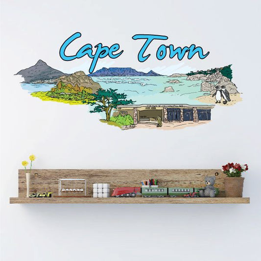 Cape Town sticker with illustrated landscape, “Cape Town” text, and shelf scene