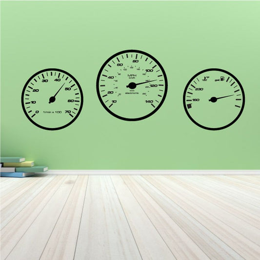 Set of three round speedometer gauge vinyl decals, black outlines with scale markings