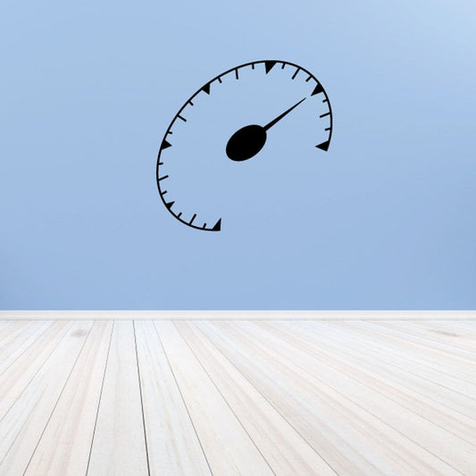 Circle tachometer vinyl decal, black circular gauge with tick marks and needle.