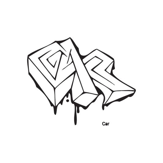 Graffiti-style car decal, black outline with white fill and paint drips