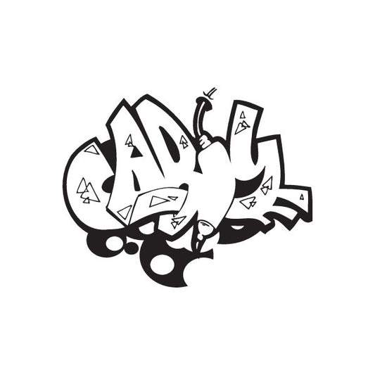 Graffiti-style decal with bold black-and-white abstract tags and dots