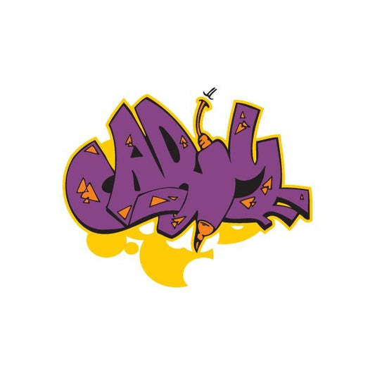Graffiti-style sticker with purple and yellow lettering and accents