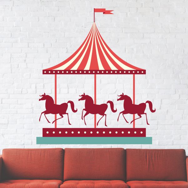 Carousel wall decal with red-striped canopy and three black horses on poles