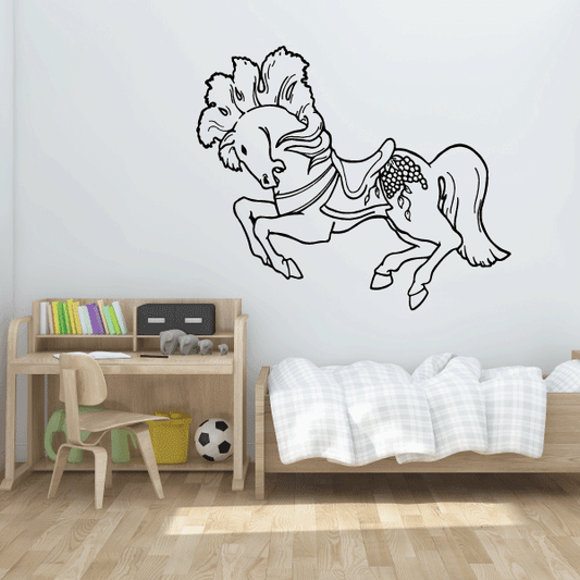 Fancy carousel horse decal: black outline dancing horse with ornate harness and mane