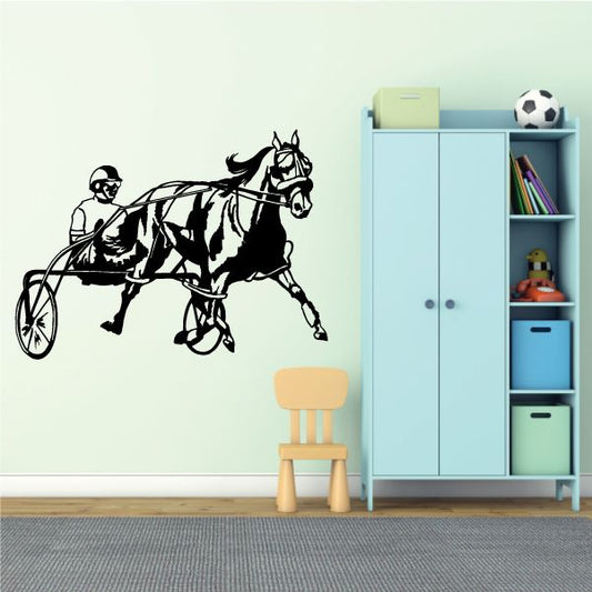 Black outline carriage racing horse decal with driver on cart