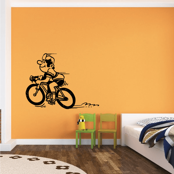 Cartoon boy on bicycle cycling wall decal, black and yellow illustration