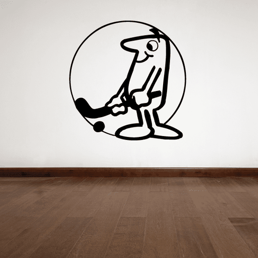 Cartoon field hockey player wall decal, black silhouette with stick in circle