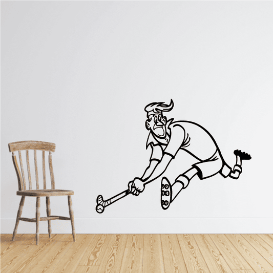 Cartoon field hockey player decal, black outline with stick and bow legs