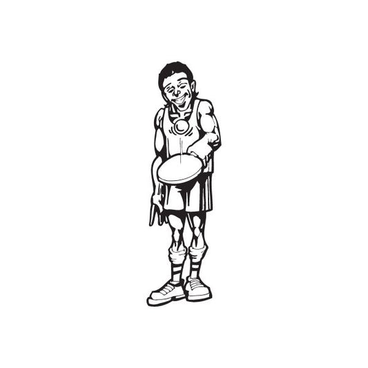 Cartoon frisbee player figurine holding a frisbee, black outline