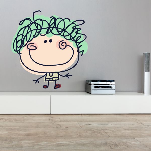 Cartoon girl wall decal with curly green hair and smiling face, arms out