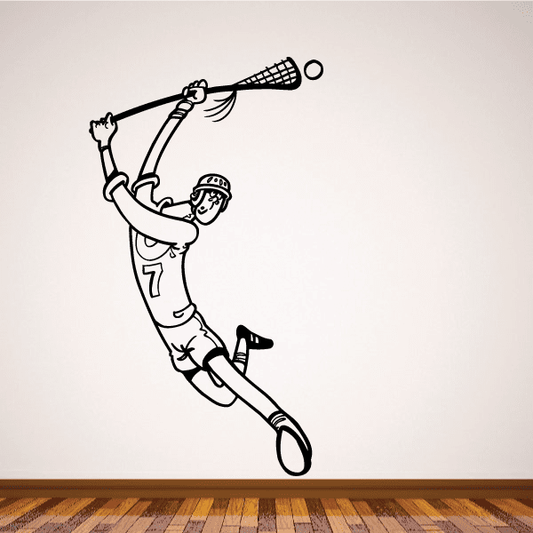 Cartoon lacrosse player wall decal, black outline, helmeted stick-raising jersey 7
