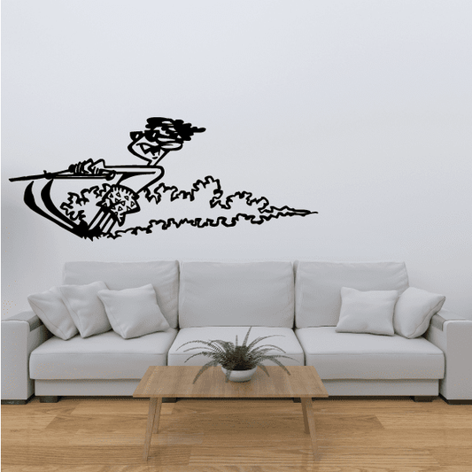 Cartoon male water skier vinyl decal, black-and-white outline