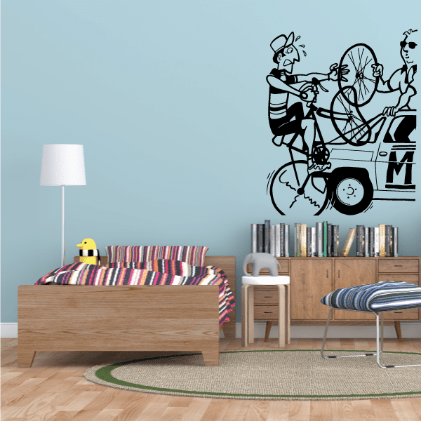 Image of Cartoon Marathon Cyclist Fix Exchanging Wheel Decal