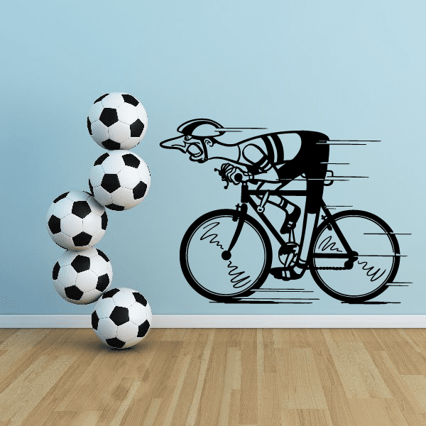 Cartoon cyclist bicycle decal with soccer balls, black and white