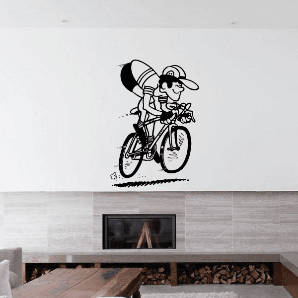 Cartoon cyclist wall decal with striped cap and bicycle, black and white