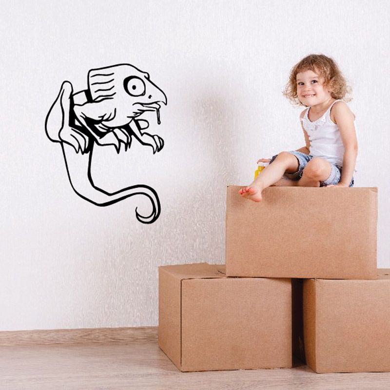 Cartoon chameleon wall decal, black outline of a staring chameleon with curled tail