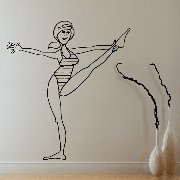 Cartoon woman stretching wall decal, black line art