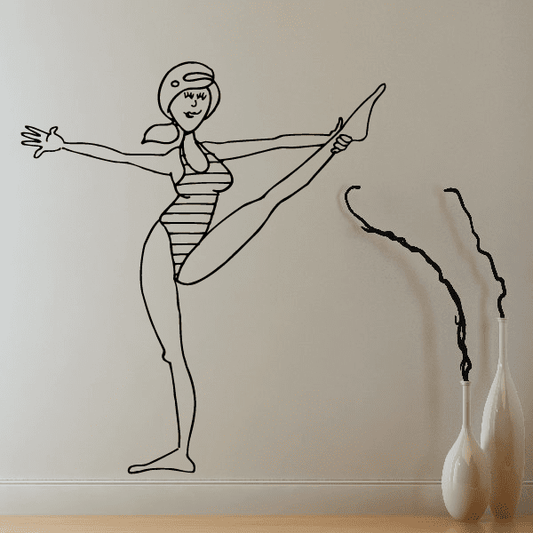 Cartoon woman stretching wall decal, black line art