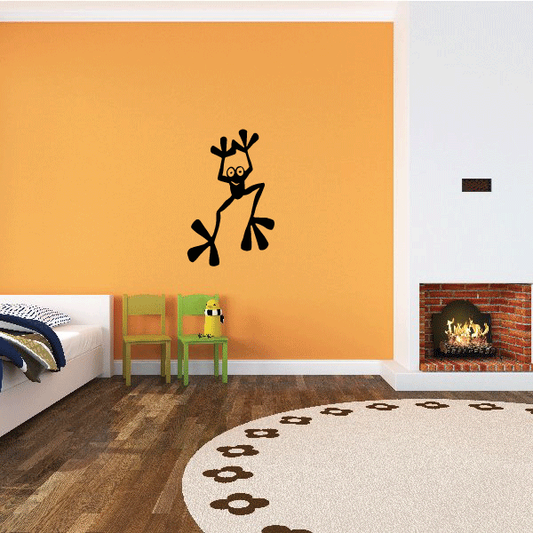 Cartoon stretching frog wall decal with arms raised and black outline